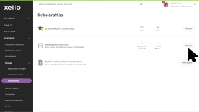 The Scholarships page in Xello. Next to Awarded scholarships, the cursor is clicking Manage.